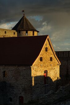 Wonderful View Of The Fortress In Ivangorod At Sunset Stock Photo