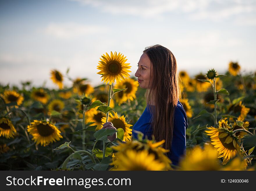 Girl in a blue dress in field of sunflowers