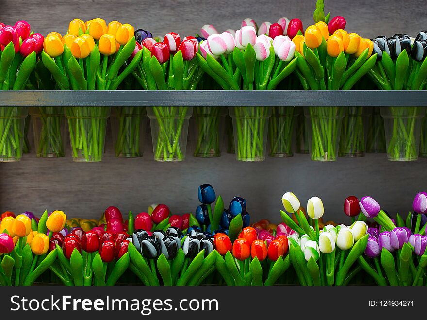 Artificial decorative tulips on a sales shelf. Artificial decorative tulips on a sales shelf