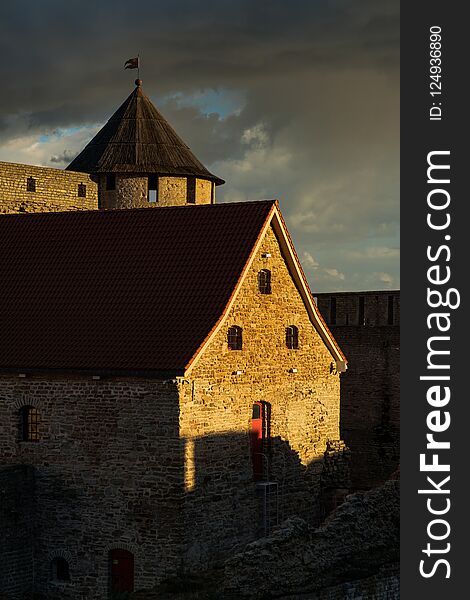 Wonderful view of the fortress in Ivangorod at sunset.