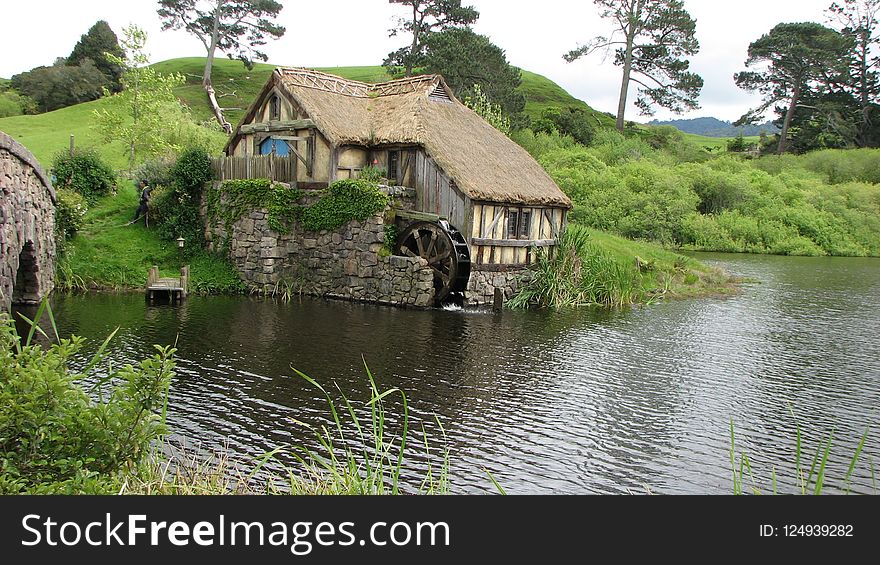 Waterway, Cottage, Reflection, Bank