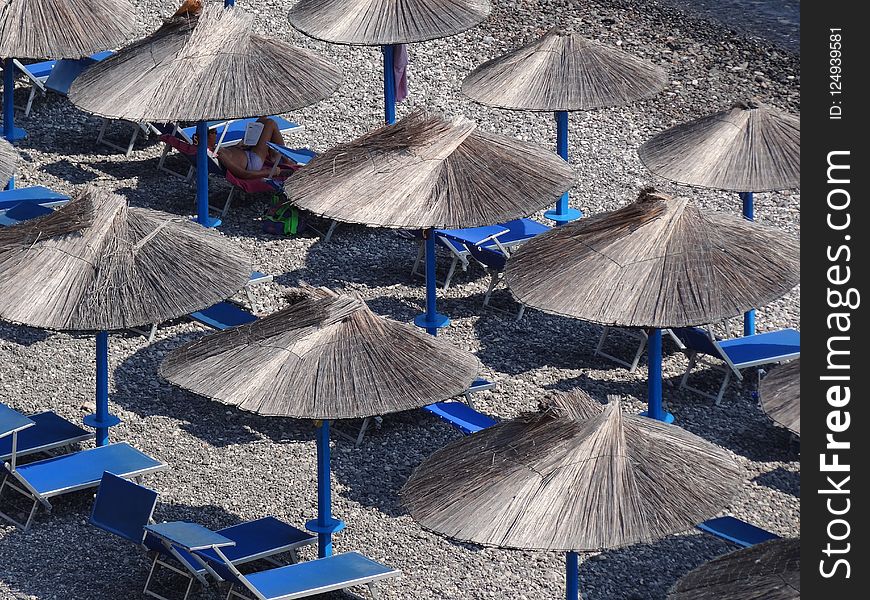 Blue, Umbrella, Sand, Sky