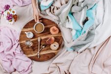 Cozy Autumn Or Winter Flatlay Of Wooden Tray With Cup Of Coffee, Peaches, Creamer With Plant Milk Royalty Free Stock Photos Cozy Autumn Or Winter Flatlay Of Wooden Tray With Cup Of Coffee, Peaches, Creamer With Plant Milk Royalty Free Stock Photos