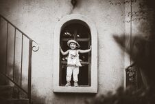 Black And White Of Happy Cute Little Girl Smiling And Standing B Stock Images