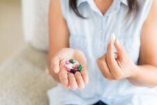 Woman Hand With Pills Medicine Tablets And Capsule In Her Hands. Royalty Free Stock Photo Woman Hand With Pills Medicine Tablets And Capsule In Her Hands. Royalty Free Stock Photo