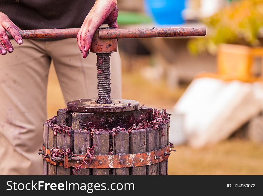 Man hands operating the press, Homemade wine production