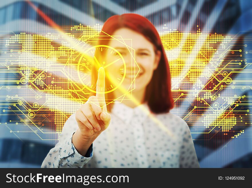 Smiling woman touching digital screen interface. Press on the golden clock icon. Modern technology time planning concept. Virtual business services for efficiency management. Smiling woman touching digital screen interface. Press on the golden clock icon. Modern technology time planning concept. Virtual business services for efficiency management.