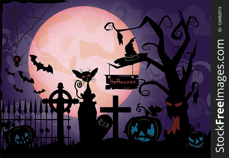 Vector illustration of pumpkins and old tree with bats and a graveyard in the fog at night when the moon festival in October, Halloween. Vector illustration of pumpkins and old tree with bats and a graveyard in the fog at night when the moon festival in October, Halloween