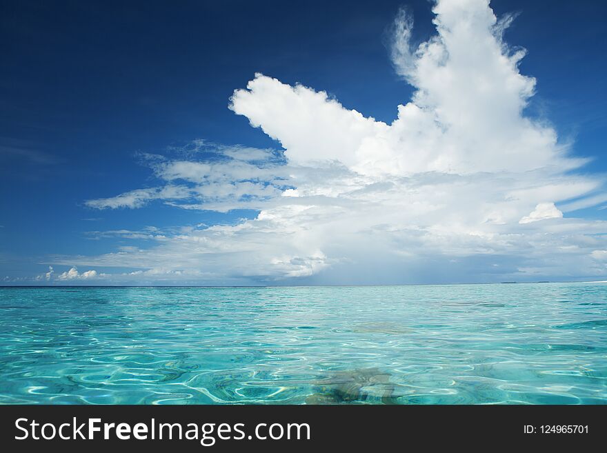 Beautiful tropical seascape. Ocean waves and cloudy sky