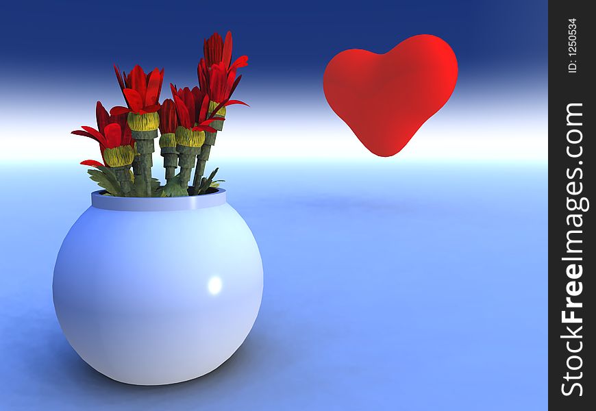 A vase of Bonnies and a heart shape in a surreal blue enviroment. A vase of Bonnies and a heart shape in a surreal blue enviroment