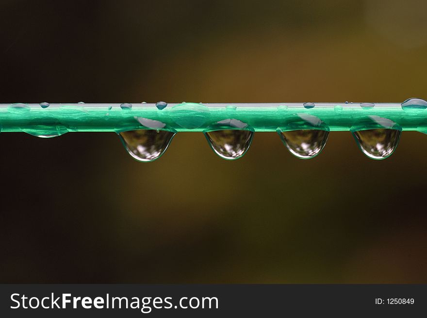 A very close up image of droplets of water clinging to a green plastic filament of a clothes drying line. A very close up image of droplets of water clinging to a green plastic filament of a clothes drying line