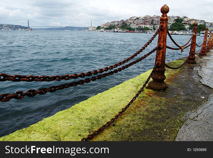 Rusty iron chain on seaside, istanbul, turkey