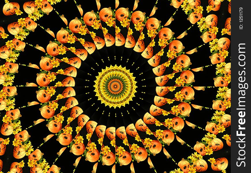 A kaleidoscope of halloween colors, made from a photo taken in a light box of ceramic pumpkins. A kaleidoscope of halloween colors, made from a photo taken in a light box of ceramic pumpkins.