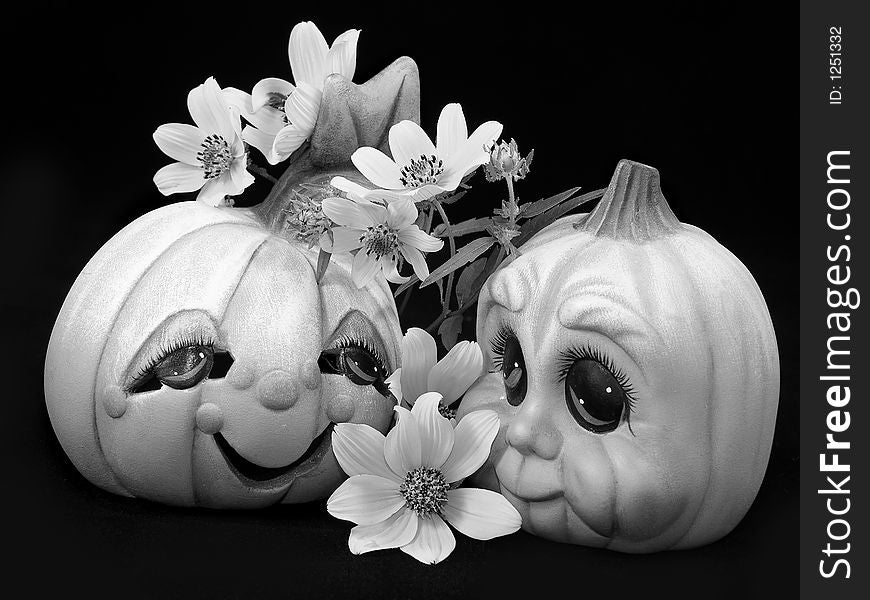 Ceramic pumpkins with flowers all around.  Taken in a lightbox with black background and converted to black and white in photoshop. Ceramic pumpkins with flowers all around.  Taken in a lightbox with black background and converted to black and white in photoshop.