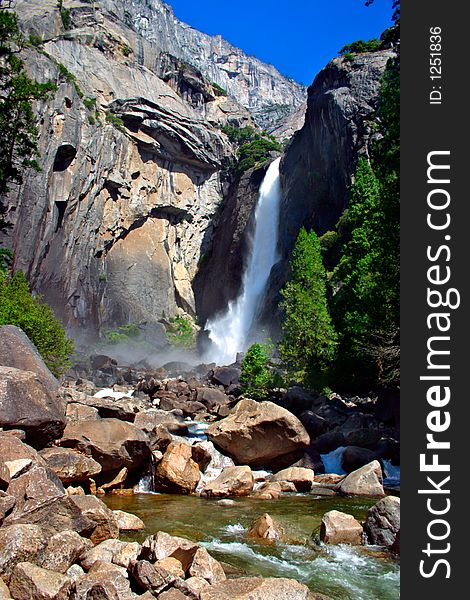 Yosemite Falls is the highest measured waterfall in North America. Located in Yosemite National Park in the Sierra Nevada mountains of California, it is a major attraction in the park, especially in late spring when the water flow is at its peak. Yosemite Falls is the highest measured waterfall in North America. Located in Yosemite National Park in the Sierra Nevada mountains of California, it is a major attraction in the park, especially in late spring when the water flow is at its peak.