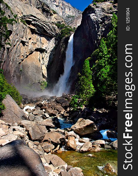 Yosemite Falls is the highest measured waterfall in North America. Located in Yosemite National Park in the Sierra Nevada mountains of California, it is a major attraction in the park, especially in late spring when the water flow is at its peak. Yosemite Falls is the highest measured waterfall in North America. Located in Yosemite National Park in the Sierra Nevada mountains of California, it is a major attraction in the park, especially in late spring when the water flow is at its peak.