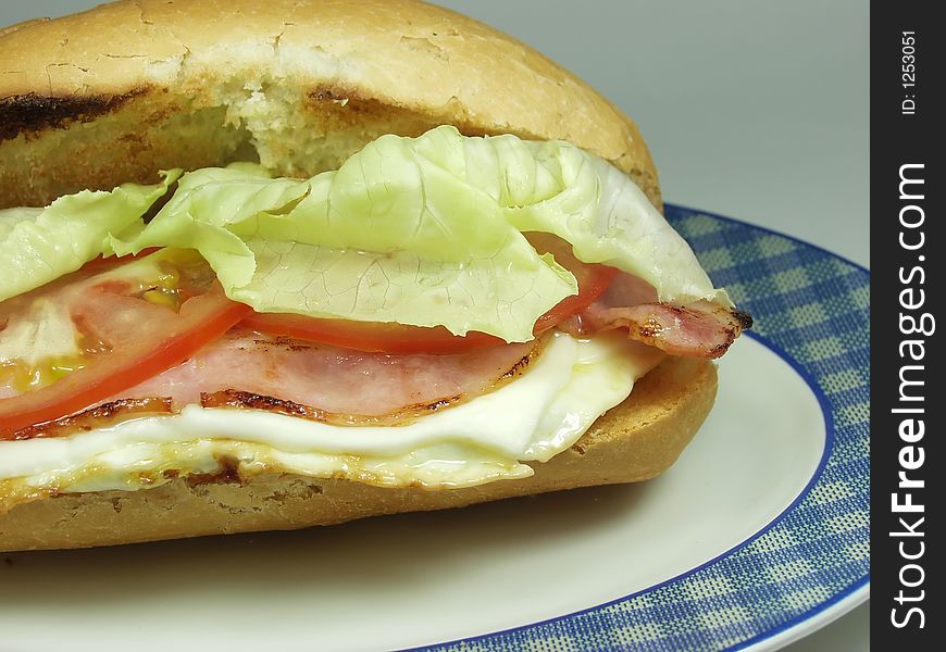 Bacon and cheese sandwich on a tray whit lettuce and fresh tomato