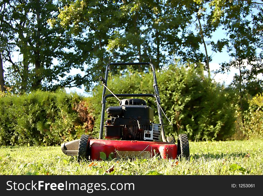 Lawn mower on green grass. View from the ground