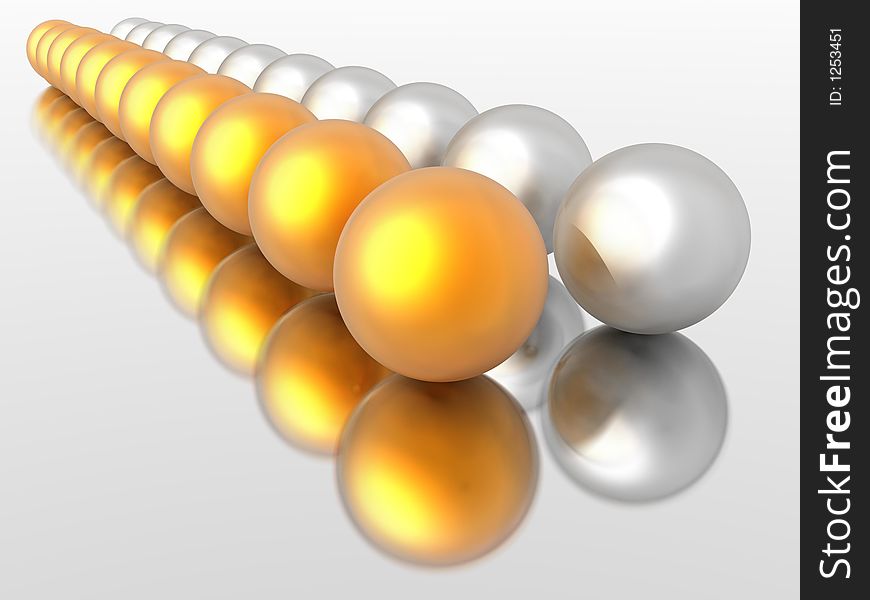 Gold and silver spheres in a row.