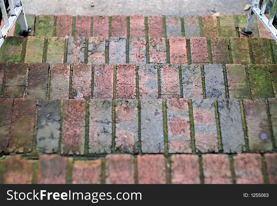 Looking down from the top of brick steps. Looking down from the top of brick steps