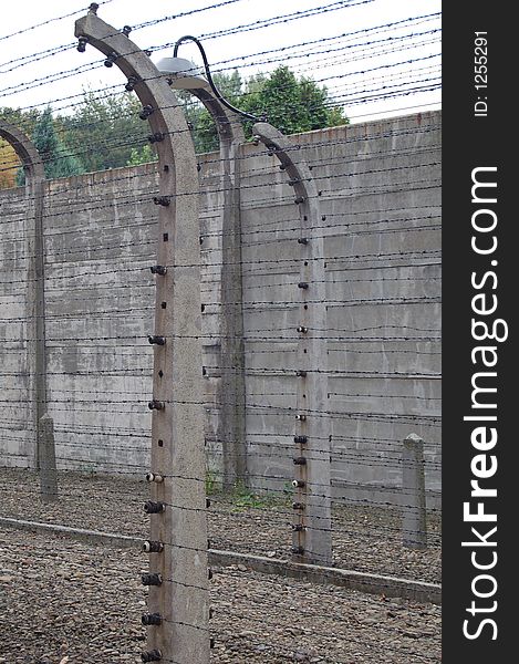 Barbed wire electric fence at Auschwitz concentration camp.