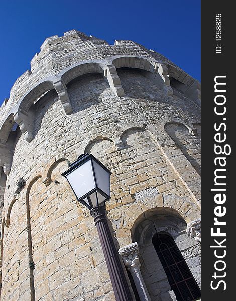 The church and streetlight in Ste Marie de la Mer, Carmargue, France