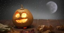 Jack O Lanterns Halloween Pumpkin Face On Wooden Background Royalty Free Stock Photos