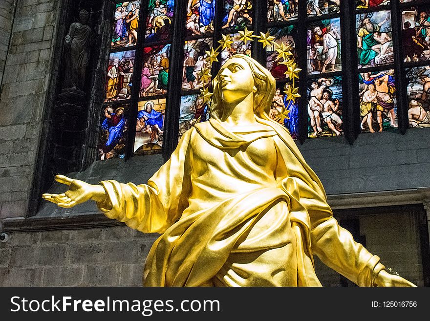 Statue, Yellow, Stained Glass, Religion