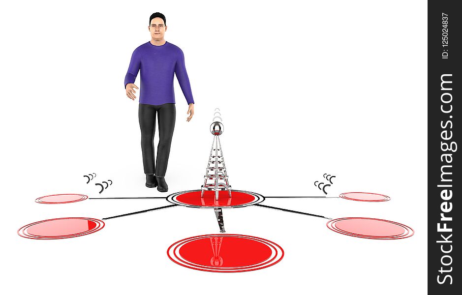 3d character , man , wireless tower and its signals -