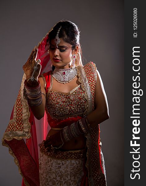 Beautiful Indian Bride in veil and lehenga in dramatic light directional light