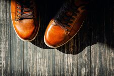 Brown Leather Shoes On Wooden Background Top View With Copy Space Stock Image
