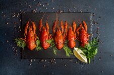 Boiled Cooked Crayfish Crawfish Ready To Eat On Black Background Royalty Free Stock Photos