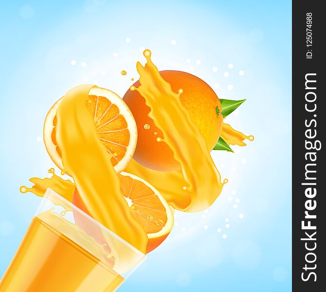 Orange Juice Splash With Glass And Orange Fruit