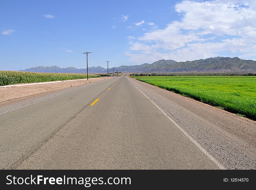 This is a photo of a road in rural California near the Arizona Border. In the middle of the very dry desert farming occurs in some sections because of effective water management and irrigation. Desert mountains with very sparse vegetation are in the background.