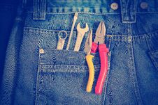 Several Tools On A Denim Workers Pocket Stock Image Several Tools On A Denim Workers Pocket Stock Image