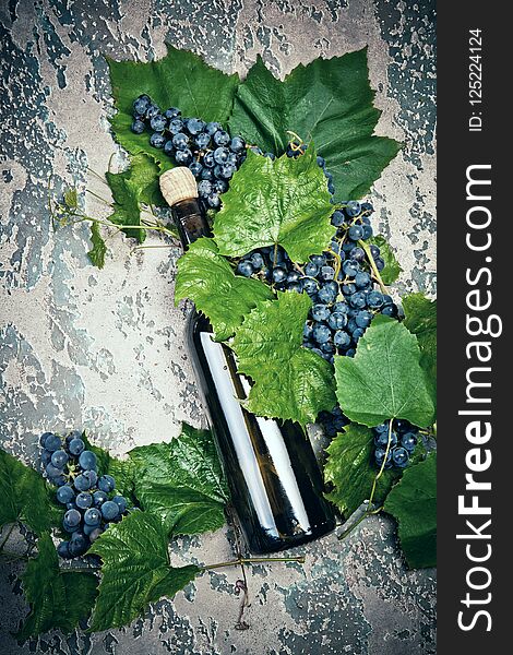 Wine in bottle and different types of grape on concrete background.