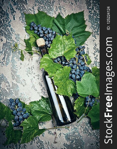 Wine In Bottle And Different Types Of Grape On Concrete Background.