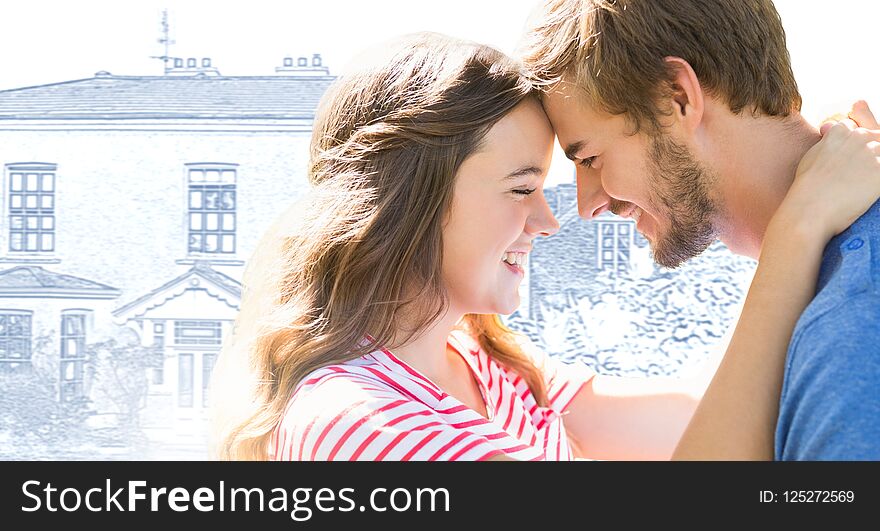 Digital composite of Couple embracing in front of house drawing sketch