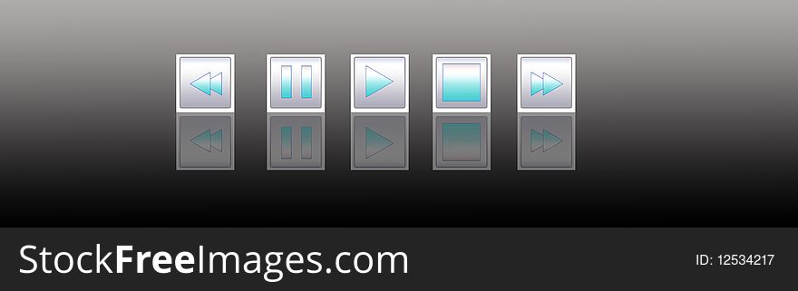 Five media player metal buttons on the glass surface. Five media player metal buttons on the glass surface