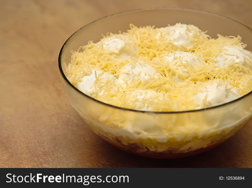Close-up salad with eggs and cheese, named Snowdrifts. Close-up salad with eggs and cheese, named Snowdrifts