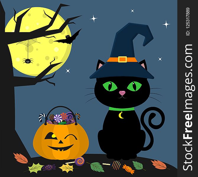 Happy Halloween. A Halloween cat in a witch hat sits next to a pumpkin filled with sweets. A tree, a spider, a full moon at night. Flying vampires and stars. Vector, flat style, cartoon.