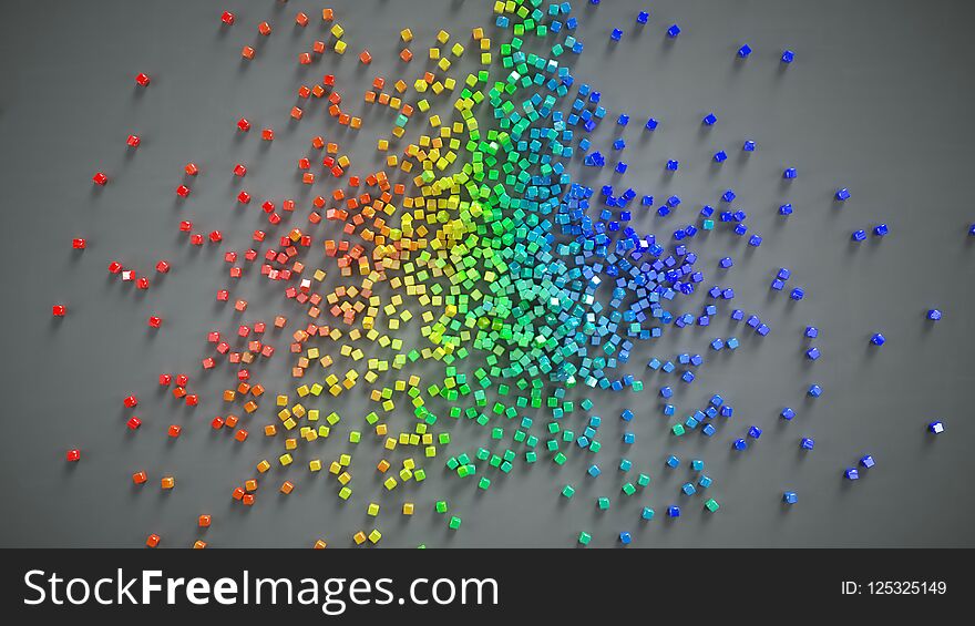 Multicolored small cubes scattered 3D render