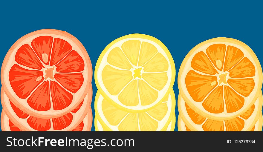Citrus slices of lemon, orange, grapefruit. Vector illustration on blue background
