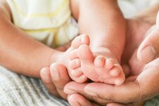 Newborn Baby Feet In The Hands Of The Mother. The Family Is Lovely, Warm Royalty Free Stock Photography Newborn Baby Feet In The Hands Of The Mother. The Family Is Lovely, Warm Royalty Free Stock Photography
