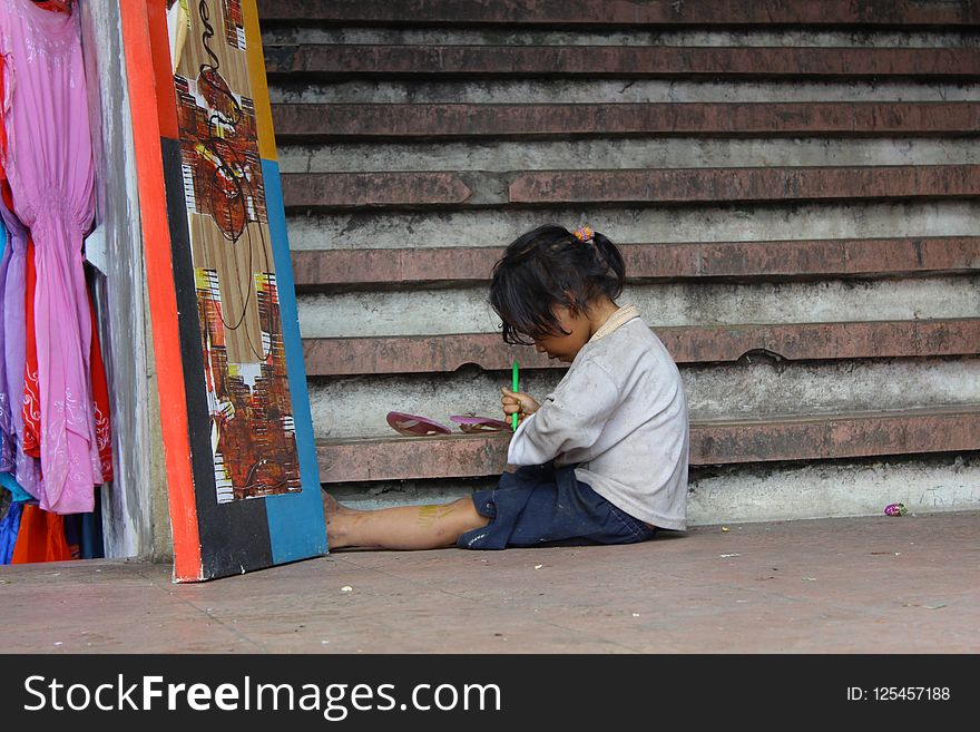 Sitting, Girl, Temple, Textile