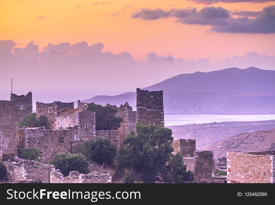Tower houses in Vathia at sunset Greece Mani Peninsula