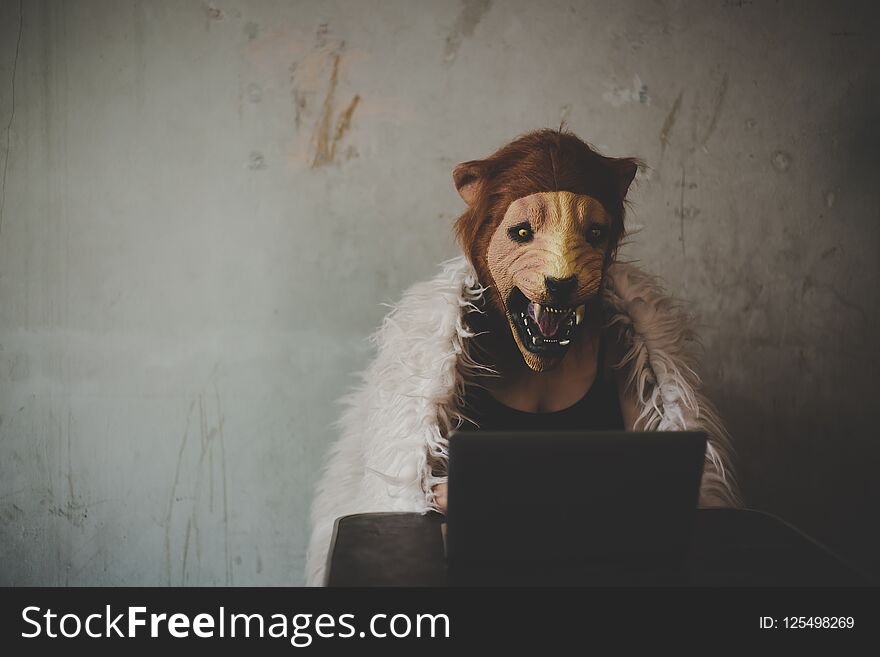 Portrait charming beautiful hacker woman: Attractive girl put tiger mask for hiding her face. Pretty cracker girl use laptop for hacking, cracking and steal password, username, information. Copy space