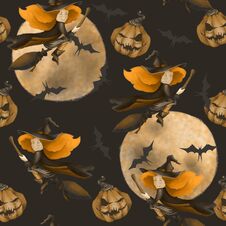Halloween. Seamless Pattern With A Witch And Moon And Bat. Fantastic Illustration. On A Broom. Sepia, Royalty Free Stock Images Halloween. Seamless Pattern With A Witch And Moon And Bat. Fantastic Illustration. On A Broom. Sepia, Royalty Free Stock Images