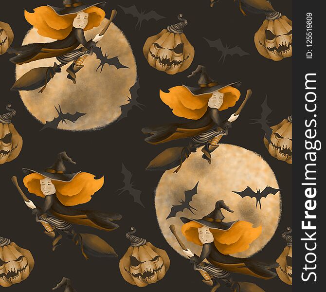 Halloween. Seamless Pattern With A Witch And Moon And Bat. Fantastic Illustration. On A Broom. Sepia,