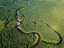 Aerial Drone View, The Bend Of The River With Sandy Stretches Of Royalty Free Stock Photos